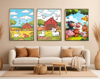 Farm Animal Wall Art Set of 3 Prints Cartoon Barnyard Scene Cute Cow Pig Horse Nursery Decor for Kids Baby Room Playroom Gift Kids Room Art
