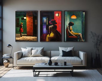 Cinematic Figurative Wall Art Set of 3 Woman in Red Hat Yellow Dress Emotional Sitting Scene Brick Street Night Retro Painting Artwork