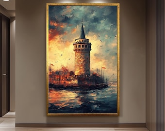 Galata Tower Sunset Canvas Print, Istanbul Skyline Wall Art, Romantic Turkish Architecture Poster, Warm Cityscape Decor for Home Lovers