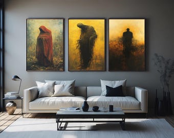 Gothic Shadow Figure Wall Art Set, Dark Silhouette Canvas Prints, Surreal Horror Decor, Mysterious Spooky Artwork for Haunted Interiors