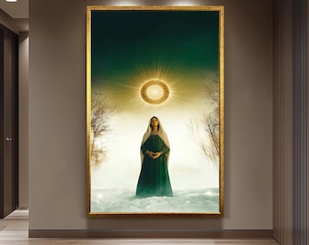 Mystical Virgin Mary Wall Art in Green Robe with Radiant Halo and Snowy Forest, Sacred Christian Canvas Print for Faithful Home Decor