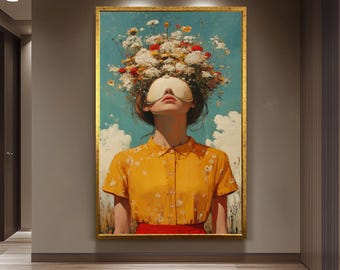 Surreal Whimsical Wall Art of Woman in Yellow Dress with Eye Mask and Blooming Flowers for Hair | Dreamy Floral Fantasy Portrait Print