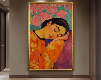 Henri Matisse Inspired Sleeping Woman Wall Art Print, Colorful Portrait with Pink Flowers and Orange Robe for Modern Home Decor Woman Canvas