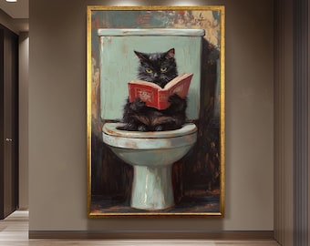 Funny Cat Bathroom Wall Art, Rustic Feline Reading Painting, Whimsical Toilet Humor Canvas Print, Vintage Toilet Decor,  Restroom Artwork