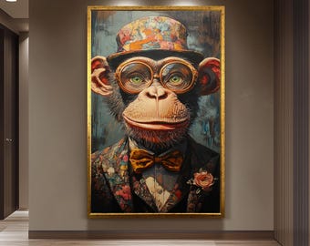 Colorful Dapper Monkey Wall Art Print – Surreal Chimp Portrait with Hat and Glasses – Quirky Animal Canvas for Modern Eclectic Home Decor