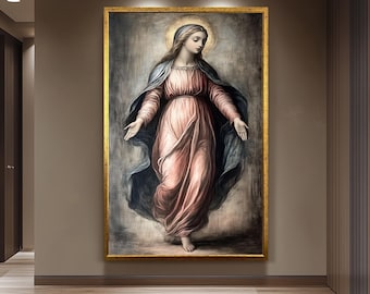 Classic Virgin Mary Painting in Flowing Rose Gown with Golden Halo, Catholic Renaissance Style Canvas Art for Prayer Room or Sacred Decor