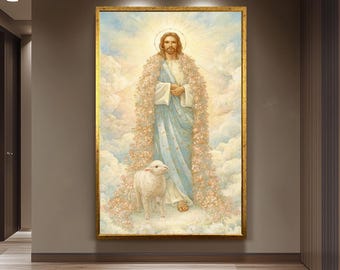 Jesus Christ Wall Art Print Pastel Storybook Style with Lamb and Floral Robe Spiritual Christian Decor for Nursery or Prayer Room Jesus Art