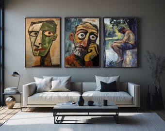 Expressive Male Portrait Art Set of 3, Modern Abstract & Impressionist Style Prints, Moody Figurative Canvas Decor for Home or Studio