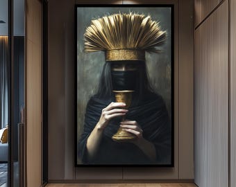 Surreal Moody Portrait Wall Art of Mysterious Veiled Woman Holding Golden Chalice with Regal Crown Headdress in Dark Fantasy Style