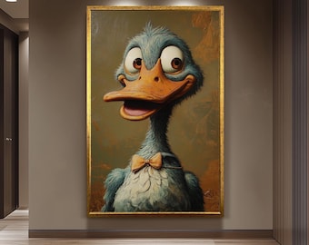 Retrato divertido de pato con pajarita, pintura al óleo vintage.