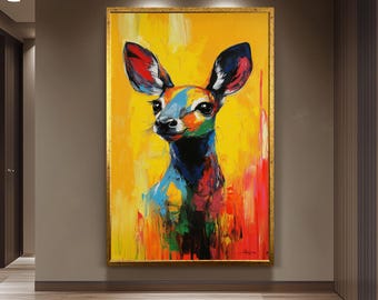 Colorful Deer Pop Art Portrait Painting on Canvas, Abstract Animal Wall Art with Vibrant Yellow Background for Modern Home Decor, Deer Print