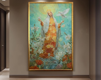 May include: A framed painting shows a figure wearing a golden crown and robes, with white lilies and red roses. A white dove is also present. The artwork has a gold frame and a soft, ethereal colour palette.