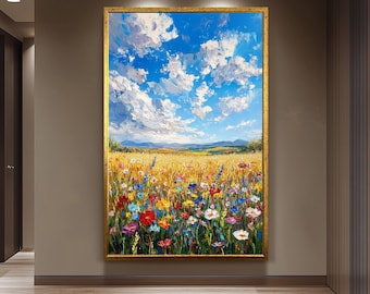Colorful Wildflower Field Landscape Painting Vibrant Floral Meadow Art with Blue Sky and Clouds Nature Inspired Canvas for Home Decor