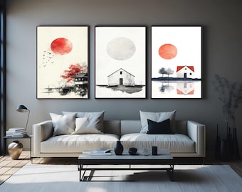 Japanese Zen Wall Art Set: Minimalist Red Sun, House & Nature Prints