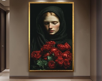 Mother Mary in Black Veil with Roses Painting | Emotional Virgin Mary Canvas Art | Catholic Religious Wall Decor for Prayer and Reflection