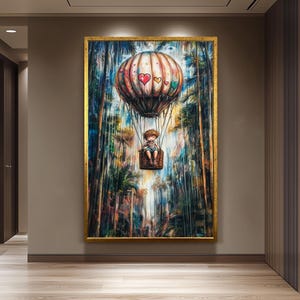 Hot Air Balloon Artwork, Dreamy Child Adventure Painting, Graffiti-Style Fantasy Wall Art, Colorful Balloon Ride Print, Surreal Jungle Decor