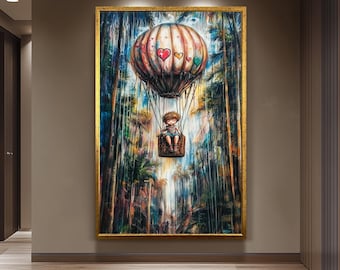 Hot Air Balloon Artwork, Dreamy Child Adventure Painting, Graffiti-Style Fantasy Wall Art, Colorful Balloon Ride Print, Surreal Jungle Decor