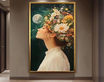 Surreal Woman Floral Wall Art Dreamy Portrait with Flowers and Moon Whimsical Feminine Painting Nature Inspired Fantasy Home Decor