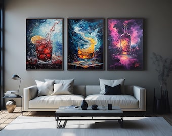 Cosmic Cocktail Canvas Print Set, Surreal Alcohol Drink Wall Art, Trippy Bar Decor for Lounge, Kitchen or Space Themed Modern Interiors