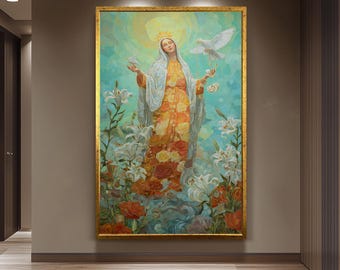 Crowned Virgin Mary with Doves and Lilies | Ethereal Mother Mary Floral Painting | Catholic Canvas Art for Prayer Room and Sacred Decor