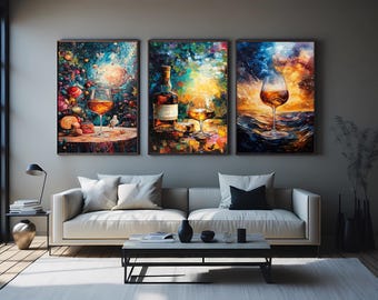 Abstract Wine & Whiskey Canvas Print Set: Golden Still Life Wall Art