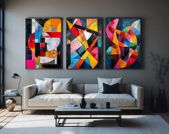 Colorful Geometric Abstract Wall Art Set of 3 Bold Modern Prints with Shapes and Texture for Living Room or Office Decor Geometric Wall Art