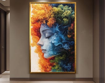 Surreal  Art of Woman’s Face Merging with Elements of Nature in Vivid Colors Symbolizing Fire Water Earth and Air in Abstract Fantasy Style