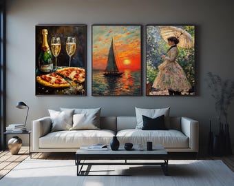 Impressionist Wall Art Set of 3, Romantic Sailboat Sunset, Elegant Woman with Parasol, and Pizza with Champagne Canvas Prints Landscape Art