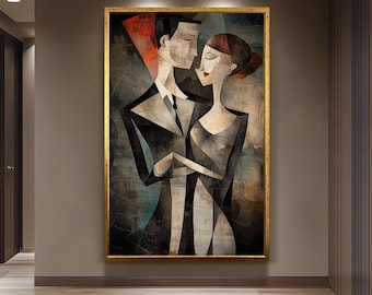Cubist Embrace Abstract Wall Art Print | Romantic Modern Couple in 3D Cubism Style  Geometric Textured Love Poster for Home Decor Couple Art