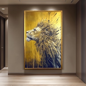 Golden Lion Abstract Painting, Majestic Animal Wall Art, Hand Painted Modern Wildlife Canvas, Bold Gold and Black Decor, Regal Lion Gift