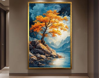 Golden Tree Landscape Wall Art Autumn Mountain Lake Canvas Print, Vibrant Nature Painting with Blue Sky and Rocky Shore for Home Décor