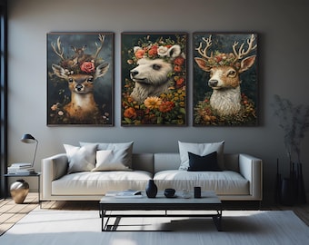 Floral Animal Canvas Print Set: Deer, Bear, Woodland Nursery Decor