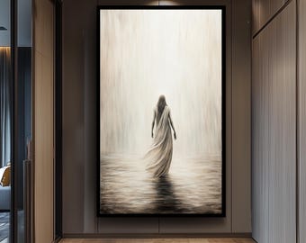 Minimalist Jesus Wall Art Print in Impressionist Abstract Style Featuring Christ Walking on Water Toward Light in Sepia Tones Jesus Wall Art