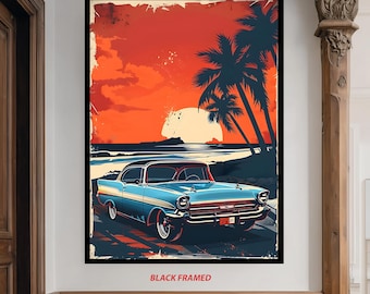 Vintage Beach Sunset Car Poster with Classic Blue Chevy and Palm Trees in Retro Coastal Style for Garage or Surf Shack Wall Decor