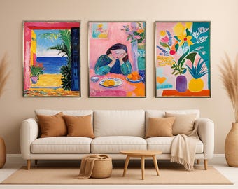Wildflower Meadow Wall Art Set of 3 Botanical Floral Landscape Paintings Sunrise Sunset Moonlight Field Decor for Nature Lovers Floral Print