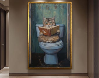 Funny Cat Bathroom Wall Art, Gray Tabby Reading Painting, Quirky Toilet Humor Canvas Print, Whimsical Feline Decor, Unique Restroom Artwork