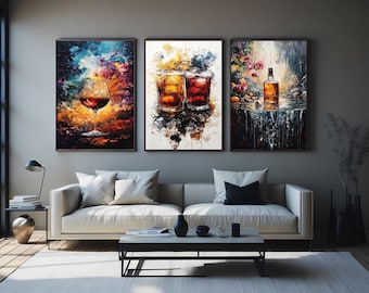 Abstract Whiskey and Wine Canvas Print Set, Modern Bar Wall Art, Stylish Alcohol Bottle Painting for Kitchen, Lounge or Home Bar Decor