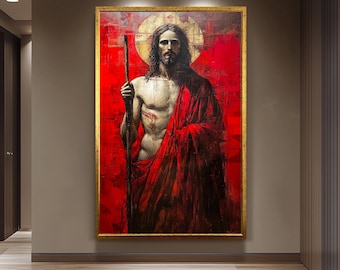 Jesus Resurrection Wall Art Bold Red Canvas Print, Sacred Religious Painting of Christ with Halo and Staff for Christian Faith Home Décor