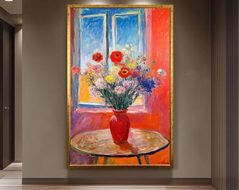 Colorful Floral Still Life Wall Art Print, Henri Matisse Inspired Impressionist Painting, Bright Red Vase Bouquet Artwork for Home Decor