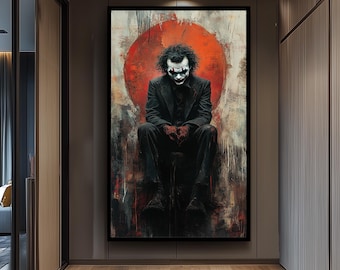 Dark Clown Sitting Canvas Art  Gritty Abstract Villain Painting with Red Chaos, Gothic Pop Culture Wall Decor or Moody Fan Gift