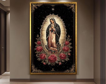 Our Lady Of Guadalupe Full Body Wall Art With Crown Surrounded By Roses Catholic Canvas Print Golden Light On Black Spiritual Background