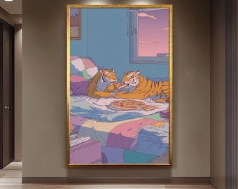 Two Tigers Eating Pepperoni Pizza in Cozy Pastel Bedroom with 80s Retro Aesthetic  Whimsical Animal Art Print for Home Wall Decor Tiger Art