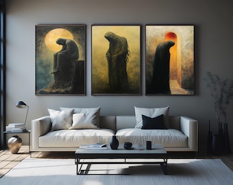 Gothic Horror Wall Art Set: Hooded Figures, Melancholy Silhouettes