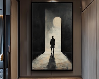 Minimalist Silhouette Wall Art Canvas Print – Moody Man in Doorway Modern Painting, Dark Abstract Shadow Art for Contemporary Spaces Man Art