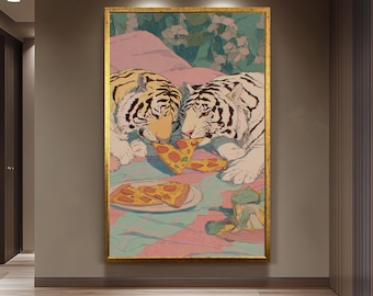 Two White Tigers Sharing Pizza in Bed  Romantic & Playful Pastel Illustration with Retro 80s Vibes, Whimsical Animal Wall Art Tiger Artwork