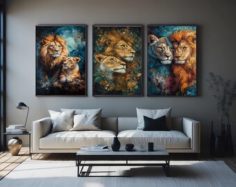 Lion Couple Wall Art Set of 3 – Romantic Jungle King and Queen Paintings in Abstract and Floral Styles for Bold Modern Interiors Lion Canvas