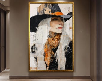 Abstract Oil Painting of Western Woman | Cowgirl with Long White Hair, Black Hat & Orange Scarf | Rustic Modern Wall Art on Canvas Woman Art