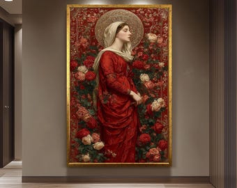 Mother Mary in Red Surrounded by Roses | Elegant Virgin Mary Canvas with Gold Halo | Catholic Religious Art for Prayer Room or Church