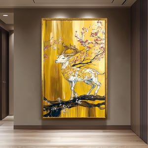 Golden Stag Art, Elegant Animal Wall Art, Fantasy Deer Painting, Cherry Blossom and Gold Decor, Wildlife Print, Nature-Inspired Home Decor