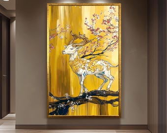 Golden Stag Art, Elegant Animal Wall Art, Fantasy Deer Painting, Cherry Blossom and Gold Decor, Wildlife Print, Nature-Inspired Home Decor